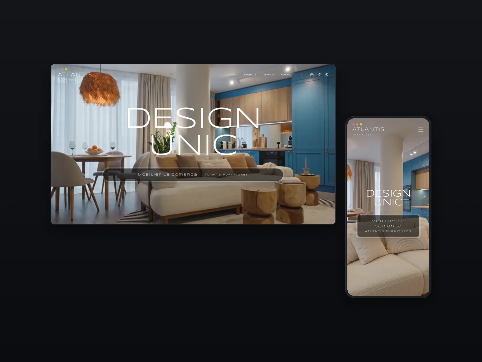 Site-ul Atlantis Furnitures pe desktop și pe telefon: bucătărie albastră la comandă și living