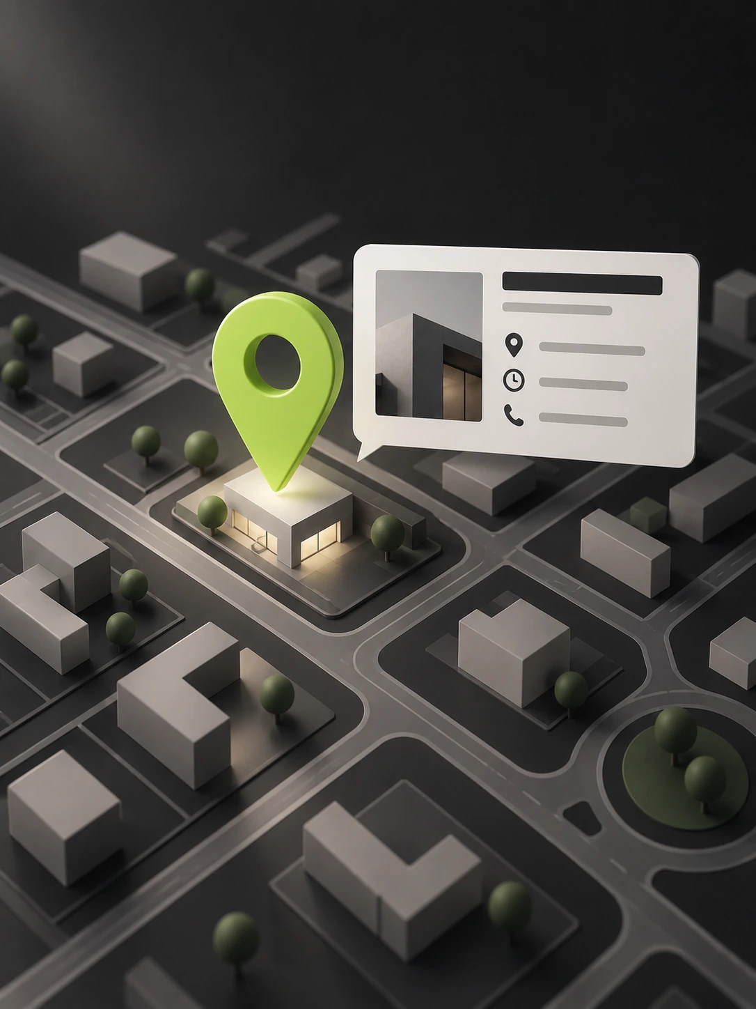 SEO local: afacere marcată pe hartă în Google Maps, cu fișa de profil — adresă, program, telefon