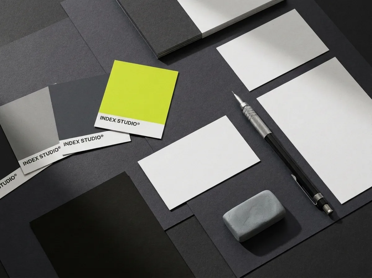 Materiale de branding Index Studio: mostre de culoare cu accentul lime și cărți de vizită